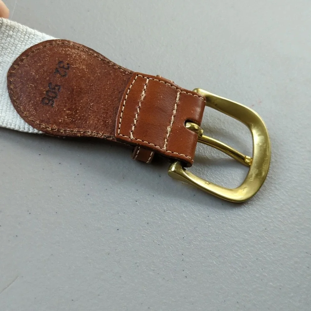 VTG Lands End Waist Belt Elastic Leather White USA 32 Brass Cotton Coastal Yacht - Picture 5 of 6